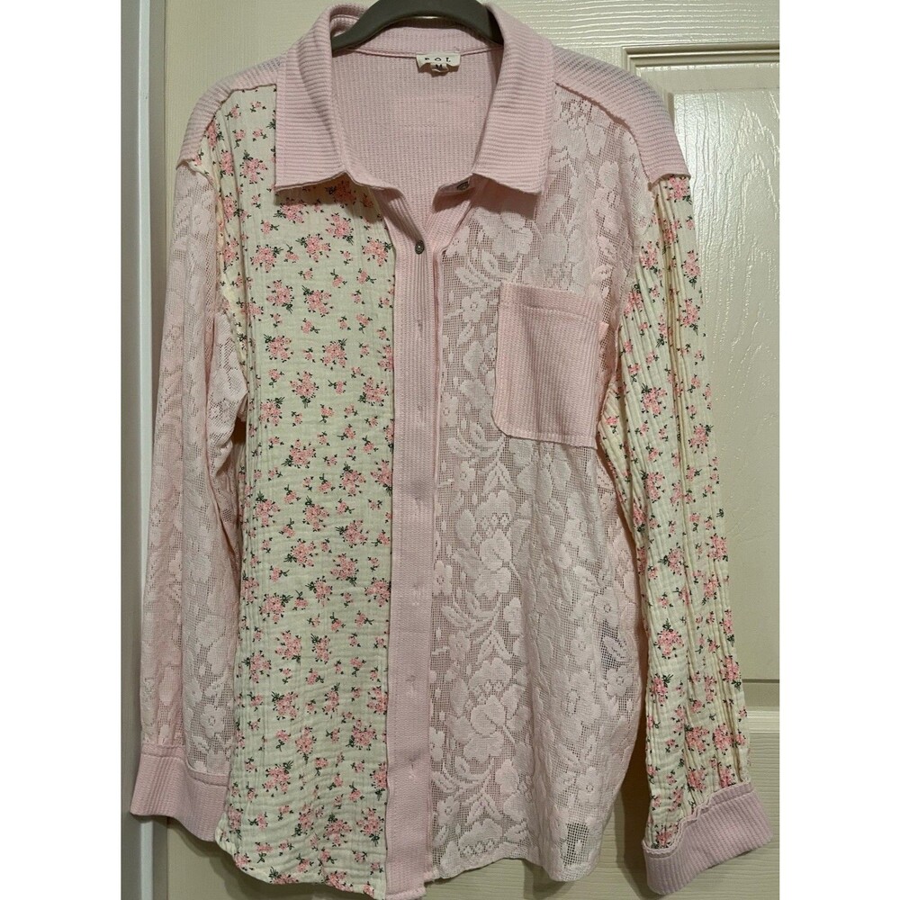 POL Clothing Floral Lace Patchwork Button Down Shacket Top YKT612B Medium Pink